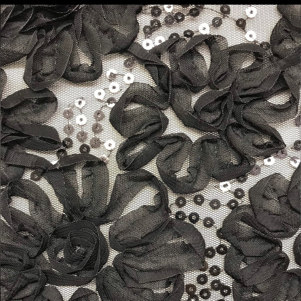 1 YD Black Floral Ribbon 2 Way Stretch Lace with Black Sequins Black Mesh Fabric - Picture 2 of 7
